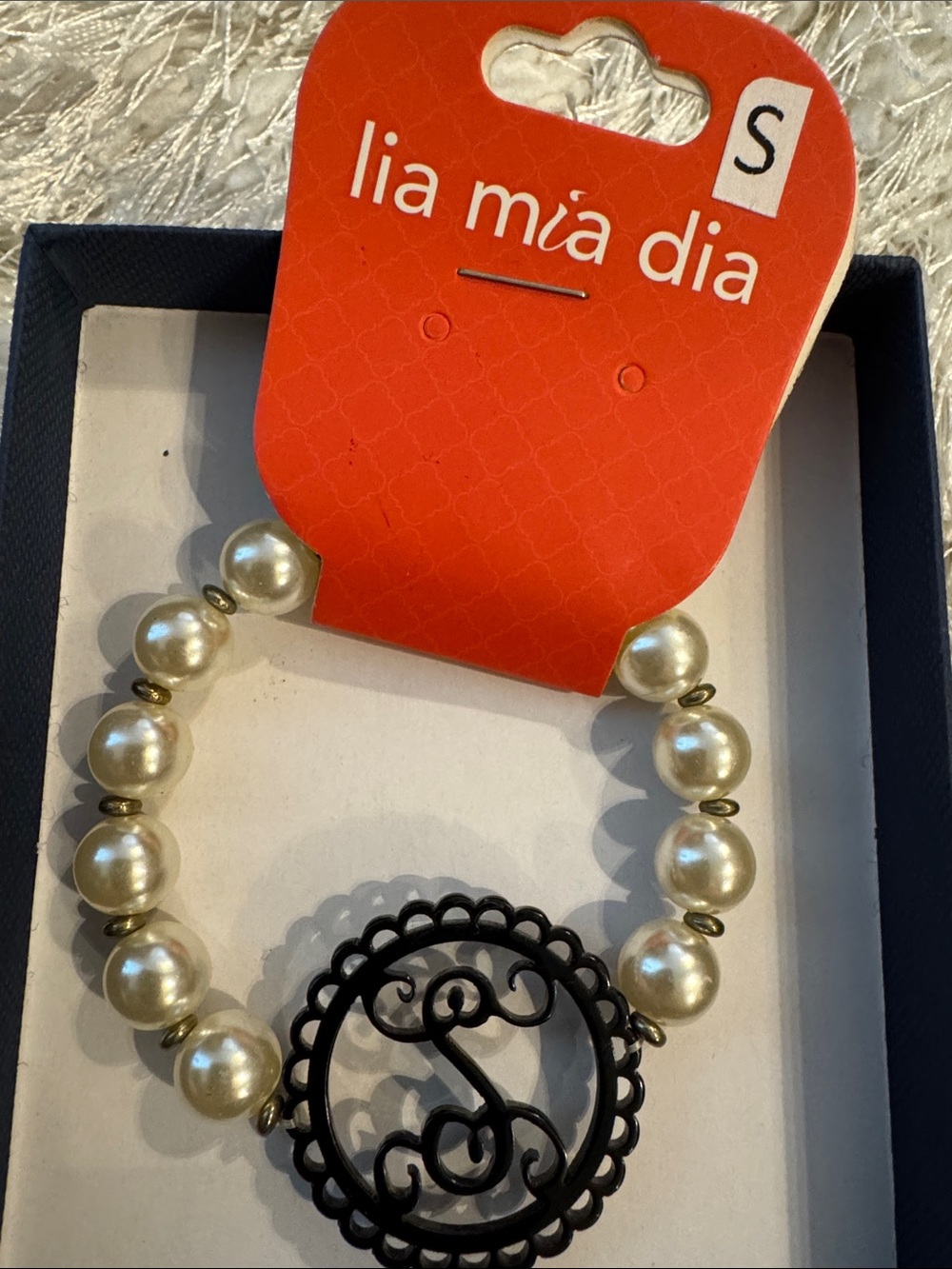 Lia Mia Dia Ivory Pearl Bracelet with Black Monogram Charm